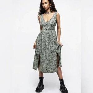 Disturbia Cassie Corset Button Split Dress Green Floral Midi Jumper